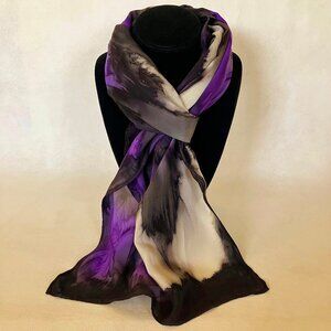 Hand Painted Silk Scarf Purple White Gray Black Rectangle Unique Womens New Gift